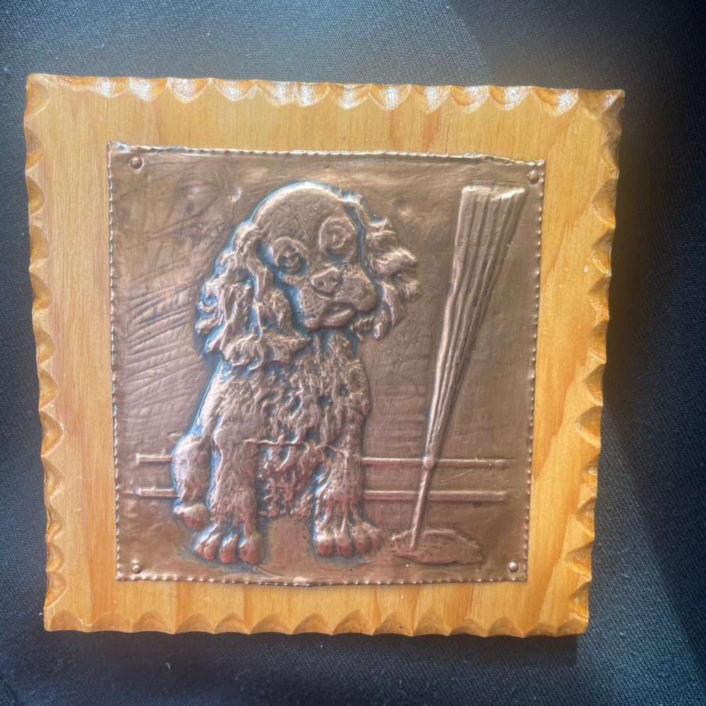 VTG Copper Relief Dog Wall Art Spaniel Wood Plaque Folk Art‎ Mixed Media 5.5in